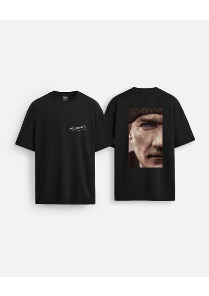 Mustafa Kemal Atatürk Baskılı Oversize Kalıp Bisiklet Yaka Siyah Tişört T-Shirt