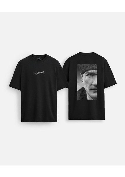 Mustafa Kemal Atatürk Baskılı Oversize Kalıp Bisiklet Yaka Siyah Tişört T-Shirt