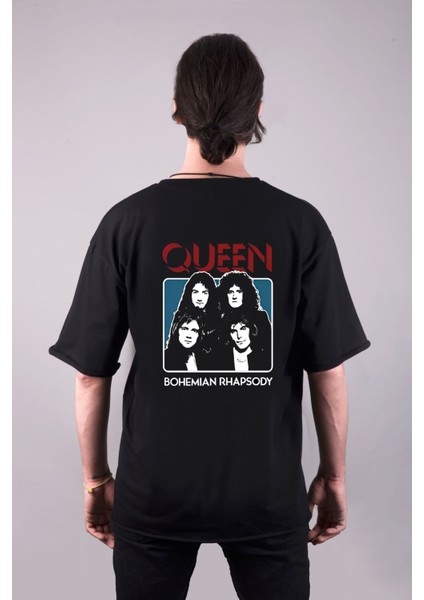 Queen Progresif Metal Grubu Baskılı Oversize Kalıp Bisiklet Yaka Siyah Tişört T-Shirt