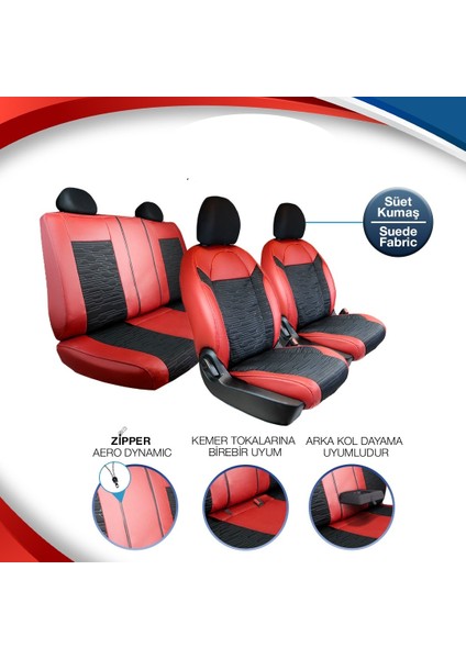 Honda Hr-V Deri Detaylı Süet Oto Koltuk Kılıfı Ön Arka Set Premium Tasarım Kırmızı Siyah Fs 99-18