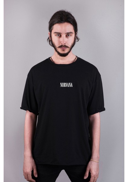 Nirvana Müzik Grubu Baskılı Oversize Kalıp Bisiklet Yaka Siyah Tişört T-Shirt fiyatları