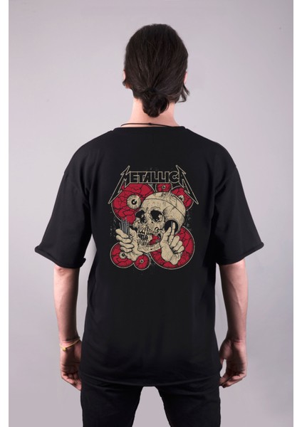 Metallica Müzik Grubu Baskılı Oversize Kalıp Bisiklet Yaka Siyah Tişört T-Shirt