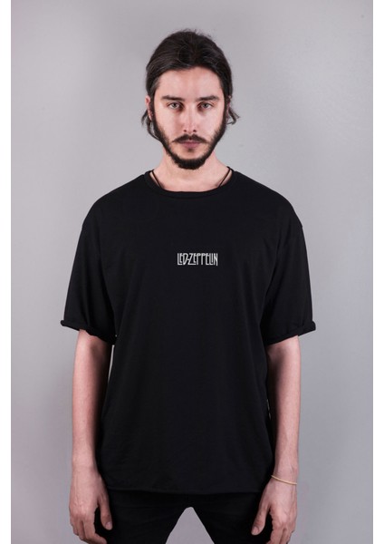 LED Zeppelin Müzik Grubu Baskılı Oversize Kalıp Bisiklet Yaka Siyah Tişört T-Shirt