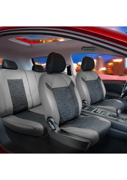 fiat Stilo Deri Detaylı Süet Oto Koltuk Kılıfı Ön Arka Set Premium Tasarım Gri Siyah Fs