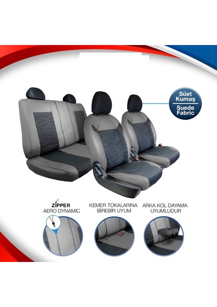 fiat Stilo Deri Detaylı Süet Oto Koltuk Kılıfı Ön Arka Set Premium Tasarım Gri Siyah Fs