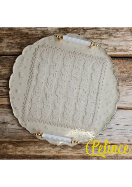 Epoksi Reçine Dantelli Tepsi - Kare Dantelli Incili - Çapı:33 cm
