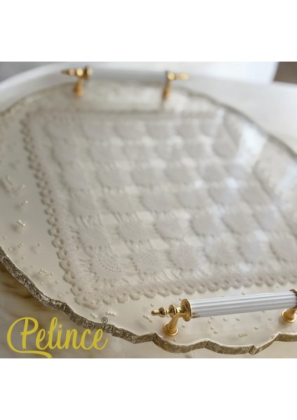 Epoksi Reçine Dantelli Tepsi - Kare Dantelli Incili - Çapı:33 cm