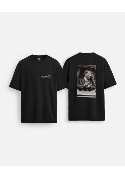 Mustafa Kemal Atatürk Baskılı Oversize Kalıp Bisiklet Yaka Siyah Tişört T-Shirt