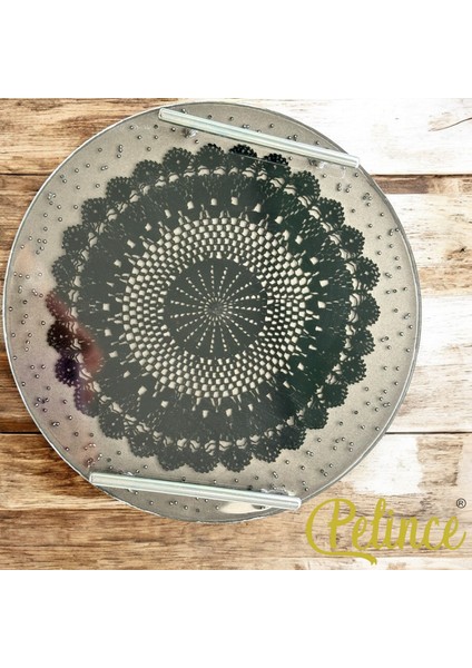 Epoksi Reçine Dantelli Tepsi - Siyah Dantel Gümüş Boncuklu - Çapı: 30 cm