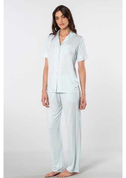 Çizgili Kısa Kollu Gömlek Yaka Pijama Takımı 3355/MAVI