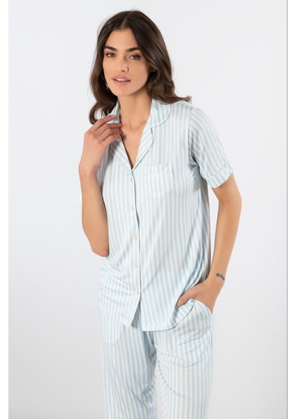 Çizgili Kısa Kollu Gömlek Yaka Pijama Takımı 3355/MAVI fiyatları