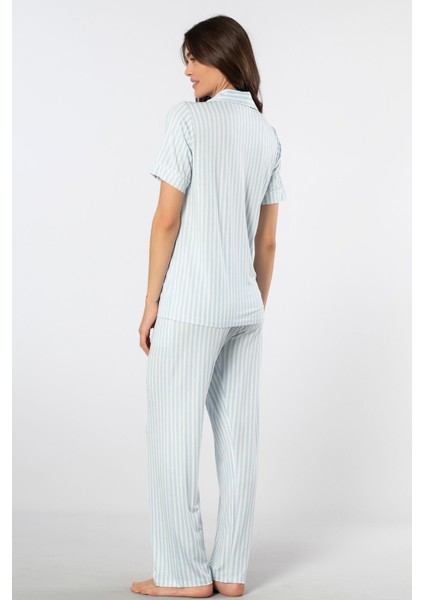 Çizgili Kısa Kollu Gömlek Yaka Pijama Takımı 3355/MAVI fırsatları