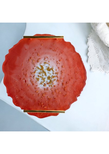 Epoksi Reçine Altın Varaklı Turuncu Tepsi - Çap: 30 cm