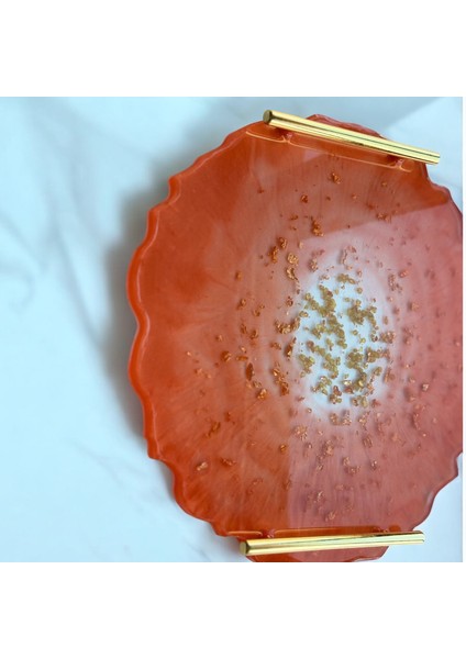 Epoksi Reçine Altın Varaklı Turuncu Tepsi - Çap: 30 cm