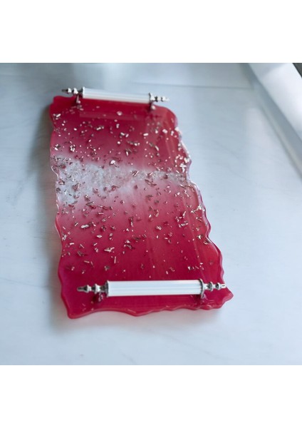 Epoksi Reçine Gümüş Varaklı Kırmızı Dikdörtgen Tepsi - En: 16 cm Boy: 30 cm
