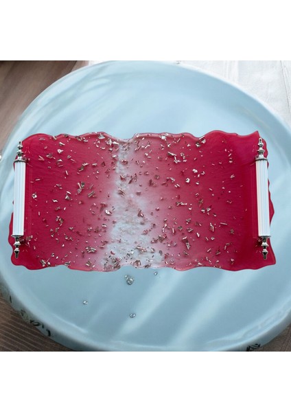 Epoksi Reçine Gümüş Varaklı Kırmızı Dikdörtgen Tepsi - En: 16 cm Boy: 30 cm fiyatları