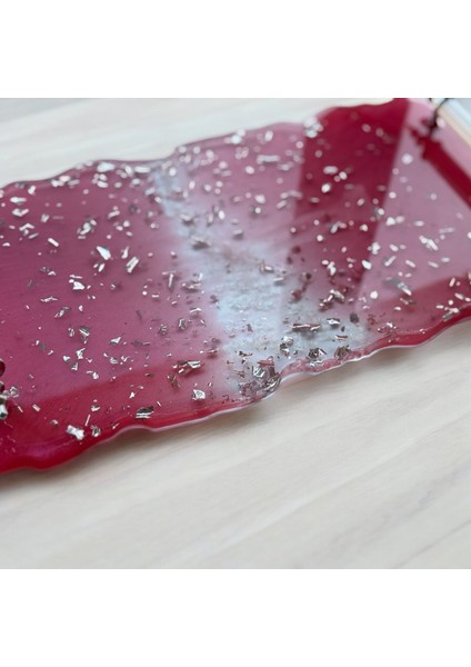 Epoksi Reçine Gümüş Varaklı Kırmızı Dikdörtgen Tepsi - En: 16 cm Boy: 30 cm modelleri