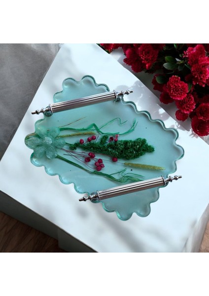 Epoksi Reçine Takı Tepsisi - Kurutulmuş Yeşil Çiçekler - En: 19 cm Boy: 15 cm