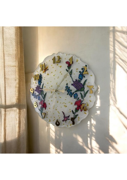 Epoksi Reçine Duvar Saati - Kaneviçe Mor Lale - Çapı: 30 cm