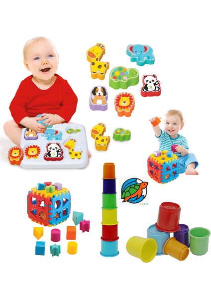 Sevimli Hayvanlar Bultak + Silindir Bardak Kule + Bul Tak Puzzle Eğitici Zeka Geliştirici Set