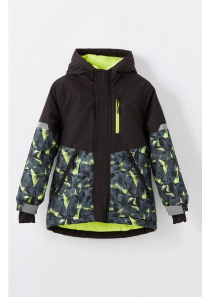 Kids Siyah Kapüşonlu Baskılı Reflektör Detaylı Erkek Çocuk Kayak Montu