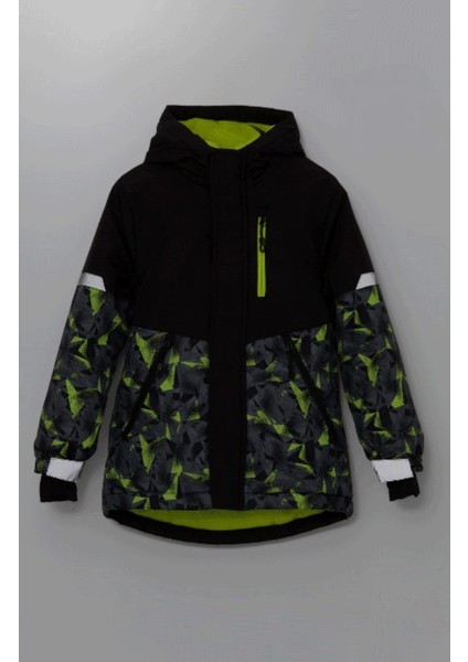 Kids Siyah Kapüşonlu Baskılı Reflektör Detaylı Erkek Çocuk Kayak Montu fiyatları