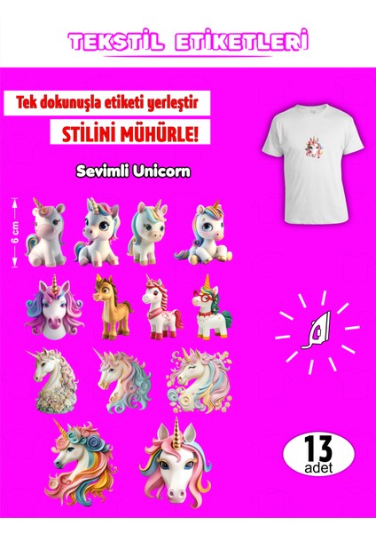 Ütü ile Yapışan Kıyafet Etiketi Unicorn 13Lü Set