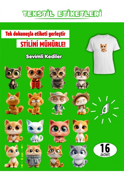 Ütü ile Yapışan Kıyafet Etiketi Kediler 16LI Set