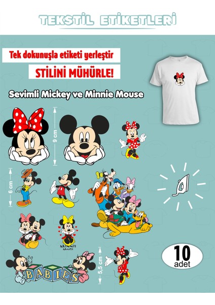 Ütü ile Yapışan Kıyafet Etiketi Mickey ve Minnie Mouse 10LU Set