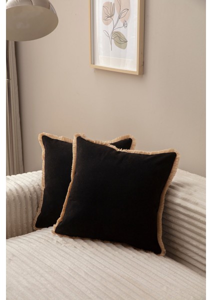 Home Siyah Rengi Saçaklı Tek Renk 43X43 Kırlent Kılıfı fiyatları