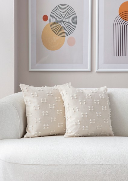 Home Ikili Dekoratif Puantiye Keten Kumaşlı Kırlent Kılıfı 43X43 Krem