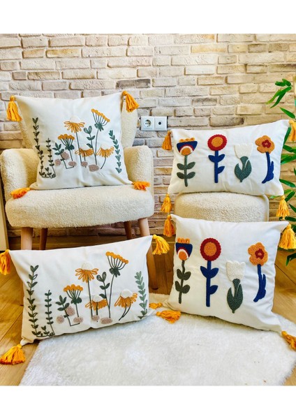 Home Home Design 4'lü Kombin Punch Işlemeli Kırlent Kılıfı (Panç)