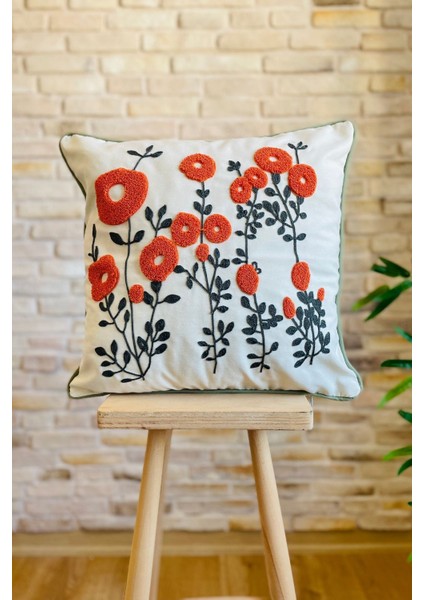 Home Punch Işlemeli Tekli Dekoratif Papatya Desen Kırlent Kılıfı (Panç)