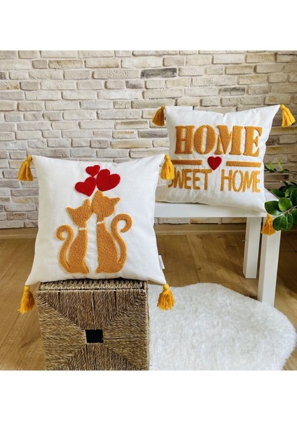 Home Punch Işlemeli 2'li Dekoratif Özel Tasarım Kırlent Kılıfı (Panç)