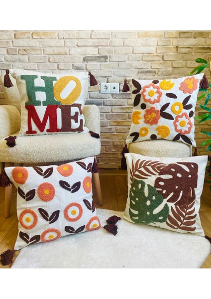 Home Home Design 4'lü Kombin Punch Işlemeli Kırlent Kılıfı (Panç)