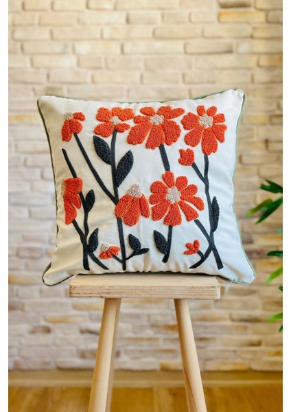 Home Punch Işlemeli Tekli Dekoratif Papatya Desen Kırlent Kılıfı (Panç)
