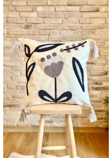 Home Punch Işlemeli Tekli Dekoratif Özel Tasarım Gri Kırlent Kılıfı (Panç)