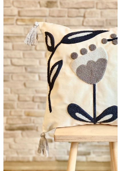 Home Punch Işlemeli Tekli Dekoratif Özel Tasarım Gri Kırlent Kılıfı (Panç) fiyatları