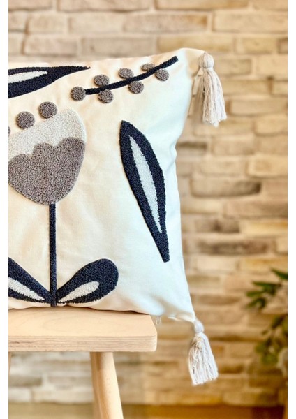 Home Punch Işlemeli Tekli Dekoratif Özel Tasarım Gri Kırlent Kılıfı (Panç) modelleri