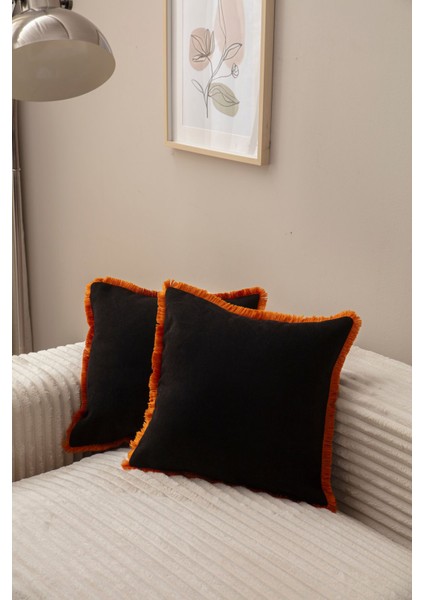 Home Siyah Rengi Saçaklı Tek Renk 43X43 Kırlent Kılıfı