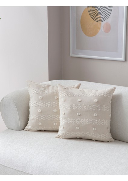 Home Ikili Dekoratif Puantiye Keten Kumaşlı Kırlent Kılıfı 43X43 Krem