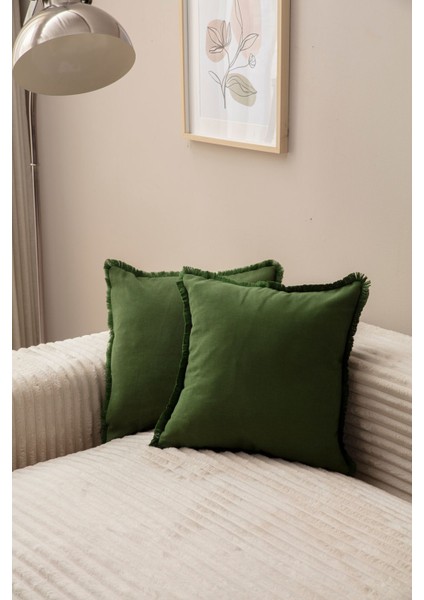 Home Yeşil Rengi Saçaklı Tek Renk 43X43 Kırlent Kılıfı