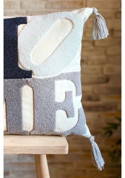 Home Punch Işlemeli Tekli Dekoratif Özel Tasarım Gri Kırlent Kılıfı (Panç) modelleri