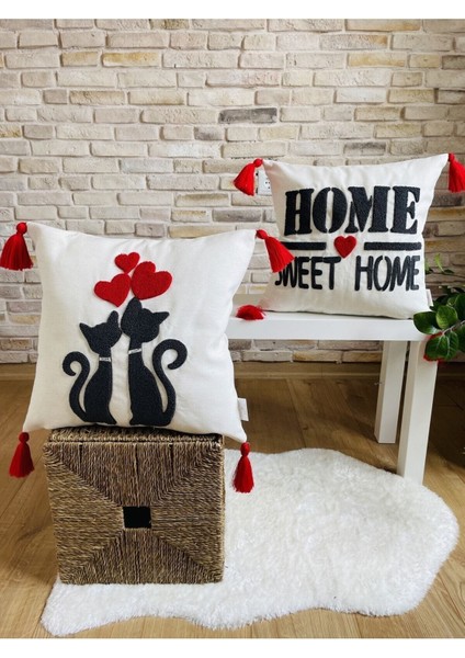 Home Punch Işlemeli 2'li Dekoratif Özel Tasarım Kırlent Kılıfı (Panç)