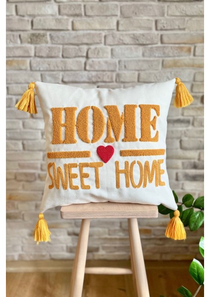Home Punch Işlemeli Tekli Dekoratif Home Sweet Home Kırlent Kılıfı (Panç)