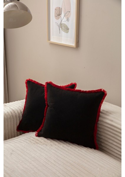 Home Siyah Rengi Saçaklı Tek Renk 43X43 Kırlent Kılıfı