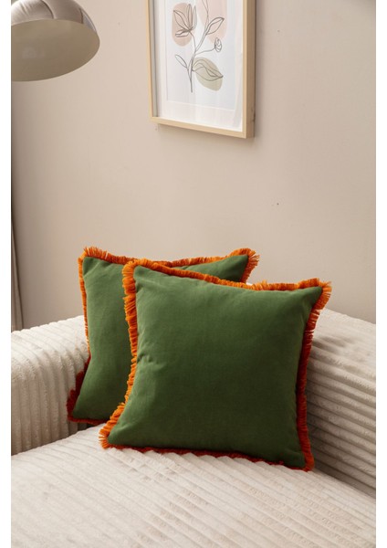 Home Yeşil Rengi Saçaklı Tek Renk 43X43 Kırlent Kılıfı