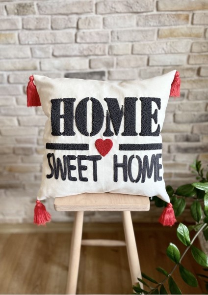 Home Punch Işlemeli Tekli Dekoratif Home Sweet Home Kırlent Kılıfı (Panç)