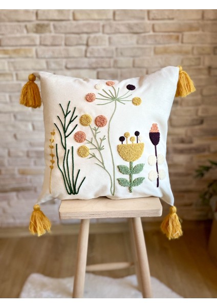 Home Punch Işlemeli Tekli Dekoratif Özel Tasarım Kırlent Kılıfı (Panç)