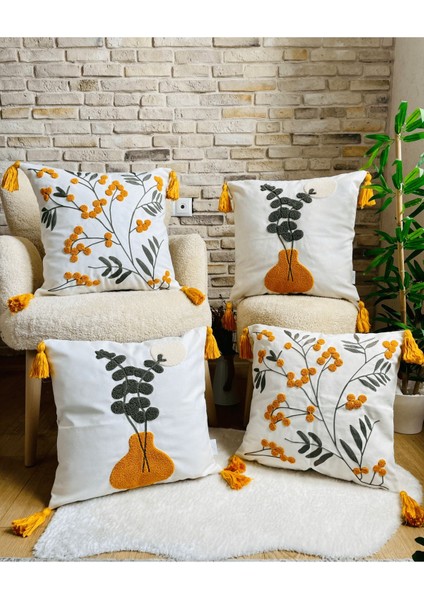 Home Home Design 4'lü Kombin Punch Işlemeli Kırlent Kılıfı (Panç)